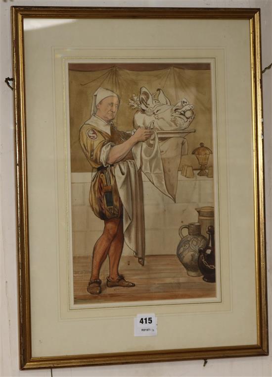 Victorian School, watercolour, servant with hogs head 40 x 25cm.